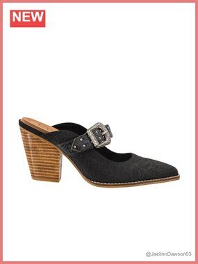 Women's Pointed Toe Leather Western Mule Shoes with Buckle, 2" Stacked Heel,